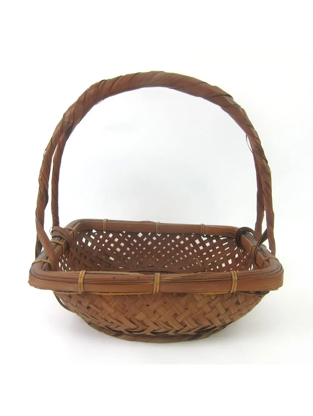 Japanese Ikebana Woven Bamboo Flower Basket 10x7 Rectangle Handle Vintage 1930s